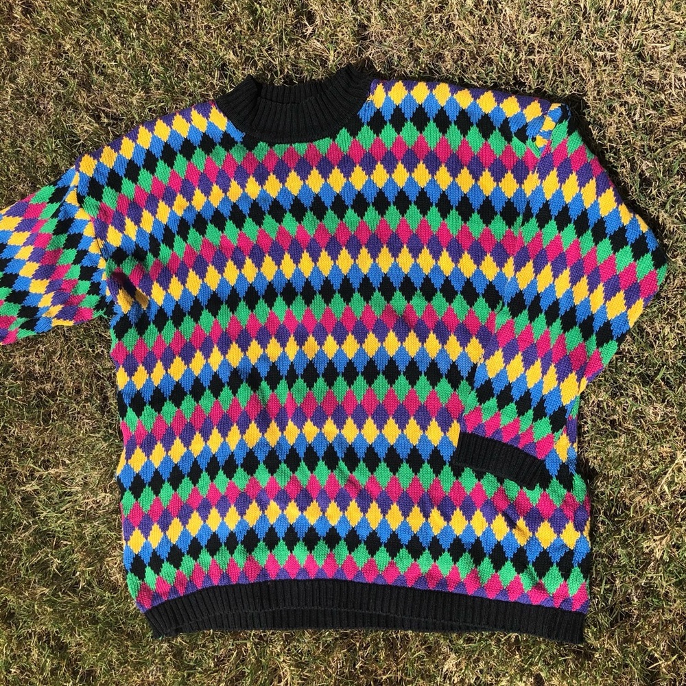 Retro multicolored diamond sweater. Unique winter addition